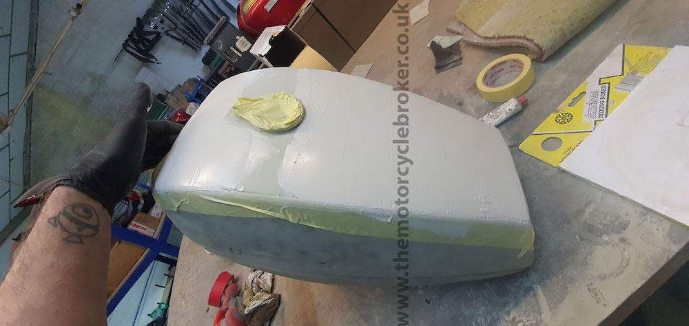 Benelli Sei 750 petrol tank in filler and guide coat