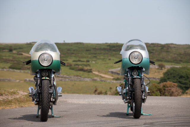 Restored and unrestored 1974 Ducati 750SS green frame head on